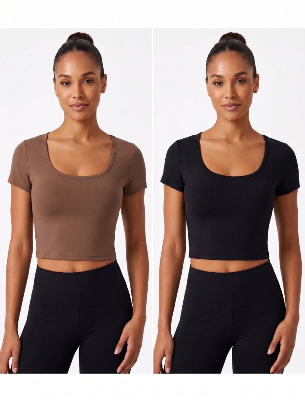 NWOT | 2 Pack Scoop Neck Sculpted Short Sleeve Crop Tops Black & Brown | Medium